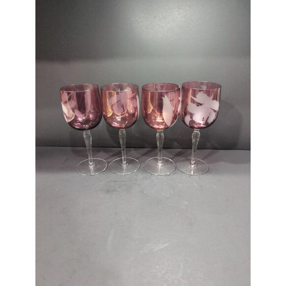 Cranberry Red Wine‎ Glasses, White Etched Flowers, Set Of 4, 7.75" H, Elegant - Picture 2 of 9